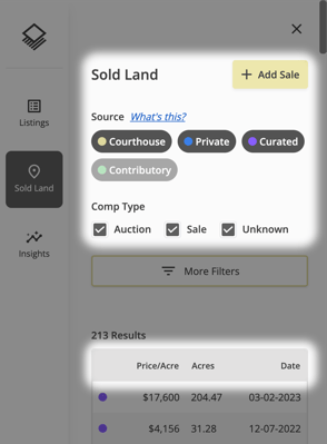 Screenshot on how to find Price/Acre, Acres, or Date