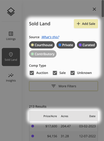 Select from filters available in the Sold Land panel on the left side of your screen.