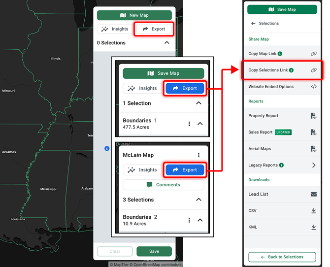 Reports Export Selections Link