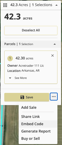 A screenshot of the Acres.co panel to generate an embed code or link.