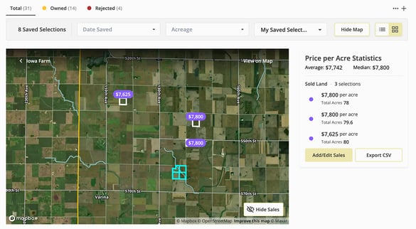 Screenshot of Price Per Acre data in your portfolio