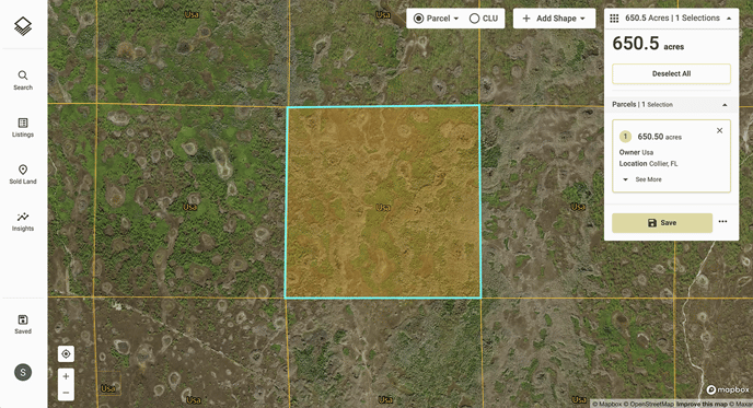 Screenshot of selected parcels to save on Acres