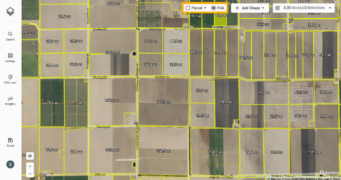 Screenshot highlighting parcel and FSA toggle on Acres.