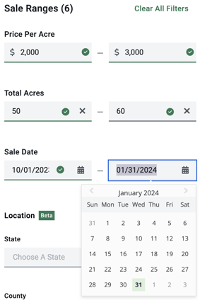 You can find price per acre, total acres, and sale date filters under the Sale Rangers section.
