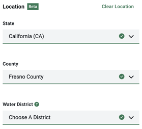 Narrow your search by state, county, or water district using the dropdown menus.