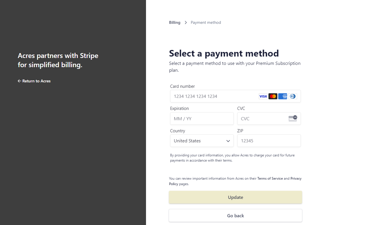 Enter your payment information and click update